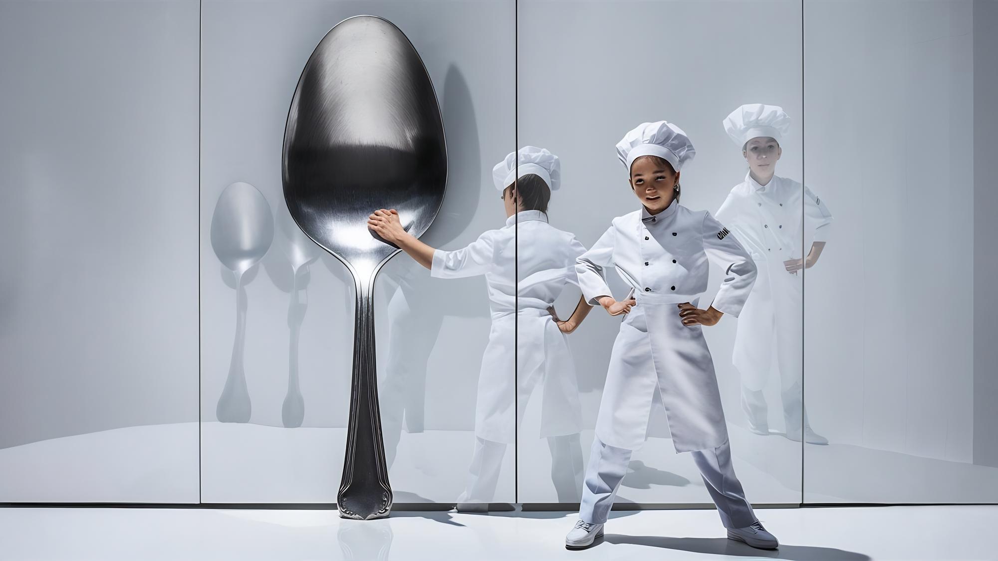 Chef demonstrating plating to students in a modern kitchen
